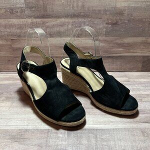 Black Suede Peep Toe Wedge Sandals By LifeStride Flex Memory Foam- Size 8W
